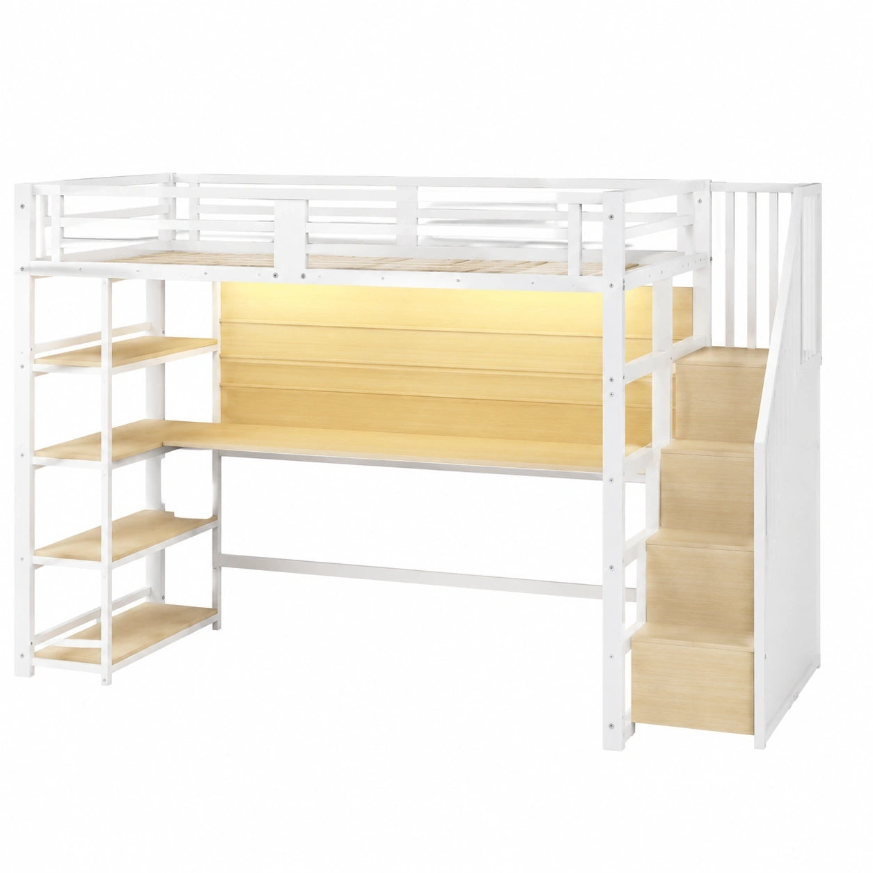 Multifunktionales Hochbett aus Metall 140x200 cm mit Schreibtisch, Stauraum und USB-Anschluss, Weiß – Ideal für Jugend- und Kinderzimmer