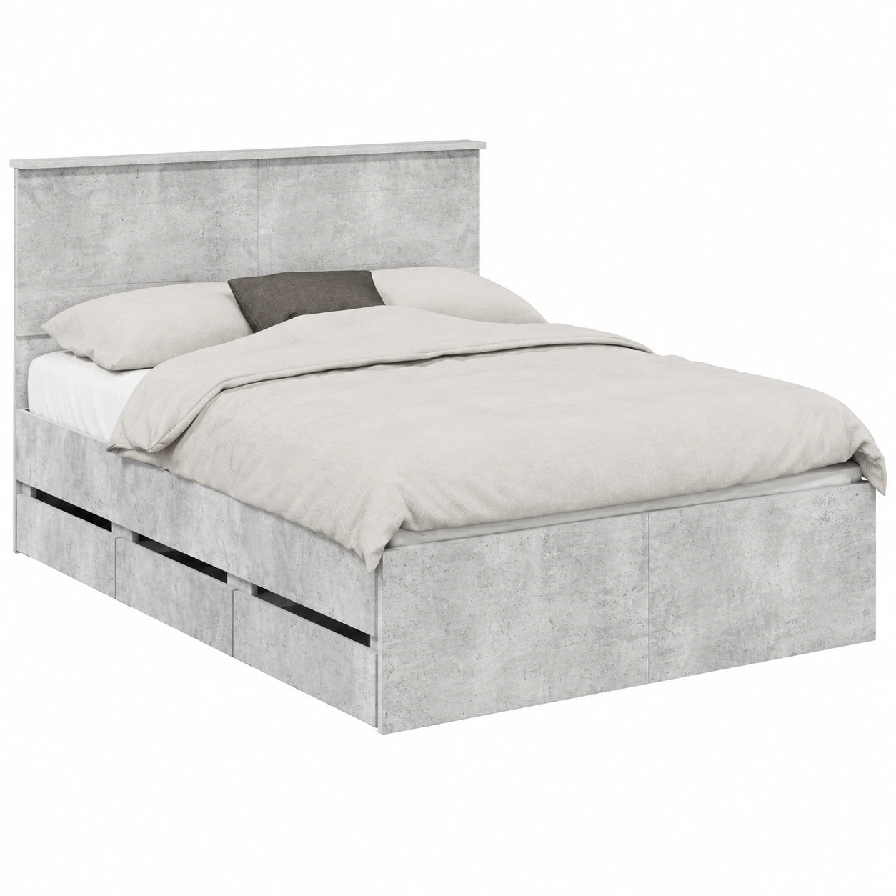 Doppelbett mit Kopfteil und 6 Schubladen, 138x200 cm, Stauraumbett in Beton-Grau, Stabiler Holzwerkstoff
