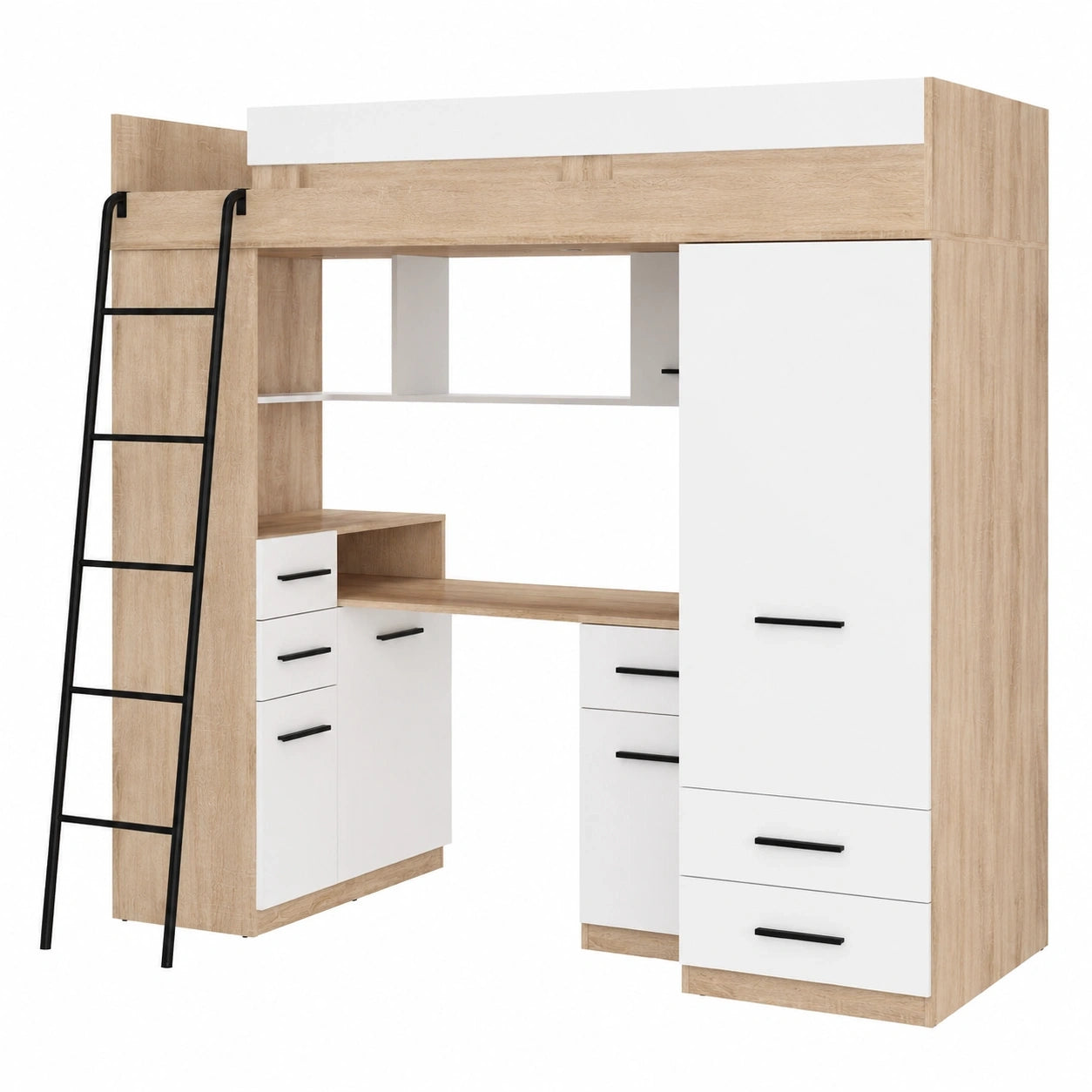 Hochbett für Kinder mit Regal und Schreibtisch, Sonoma Eiche/Weiß, 200x80 cm