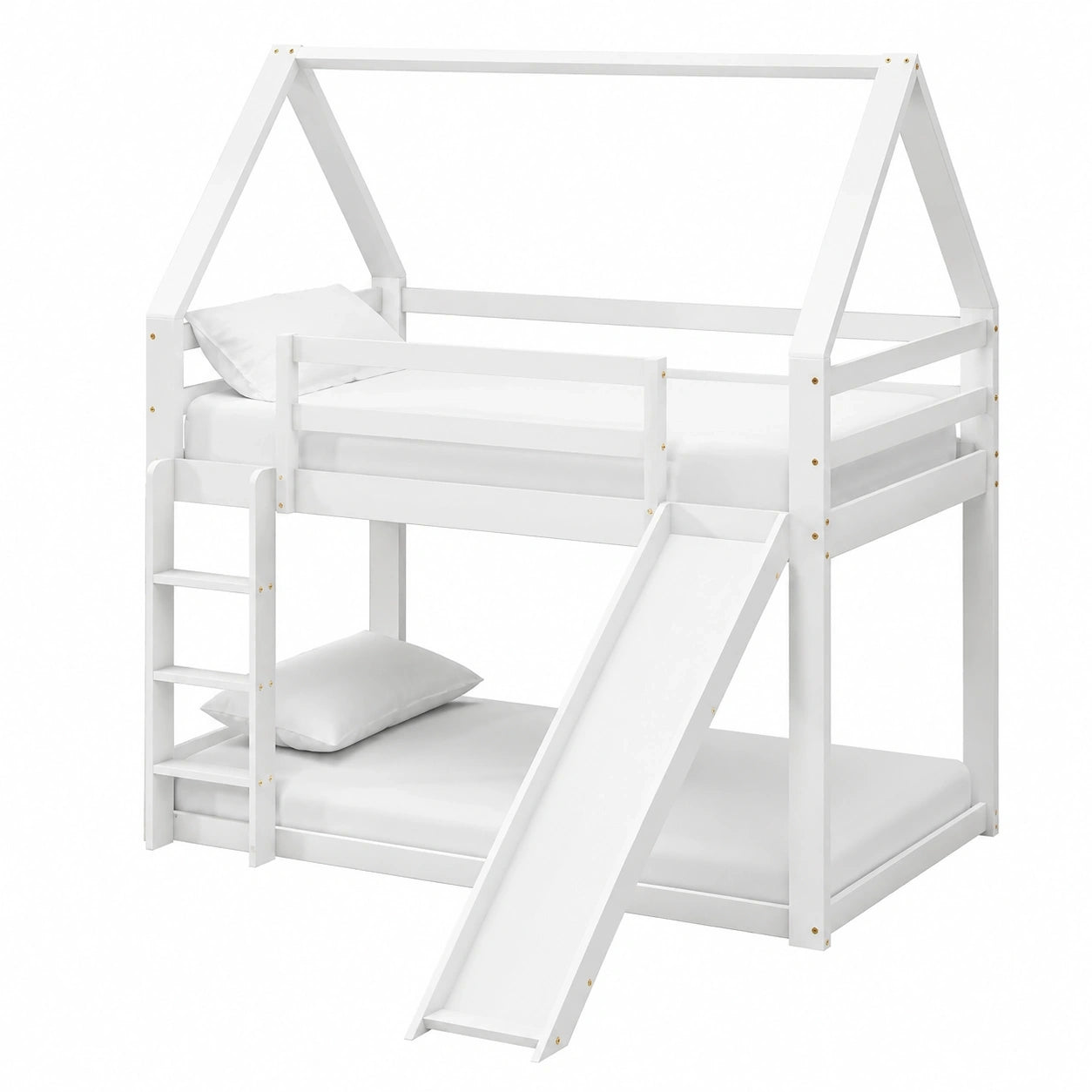 Kayan Kinder Hausbett aus Massivholz, niedriges Etagenbett mit Rutsche, inklusive Lattenrost, 90 x 200 cm, Weiß