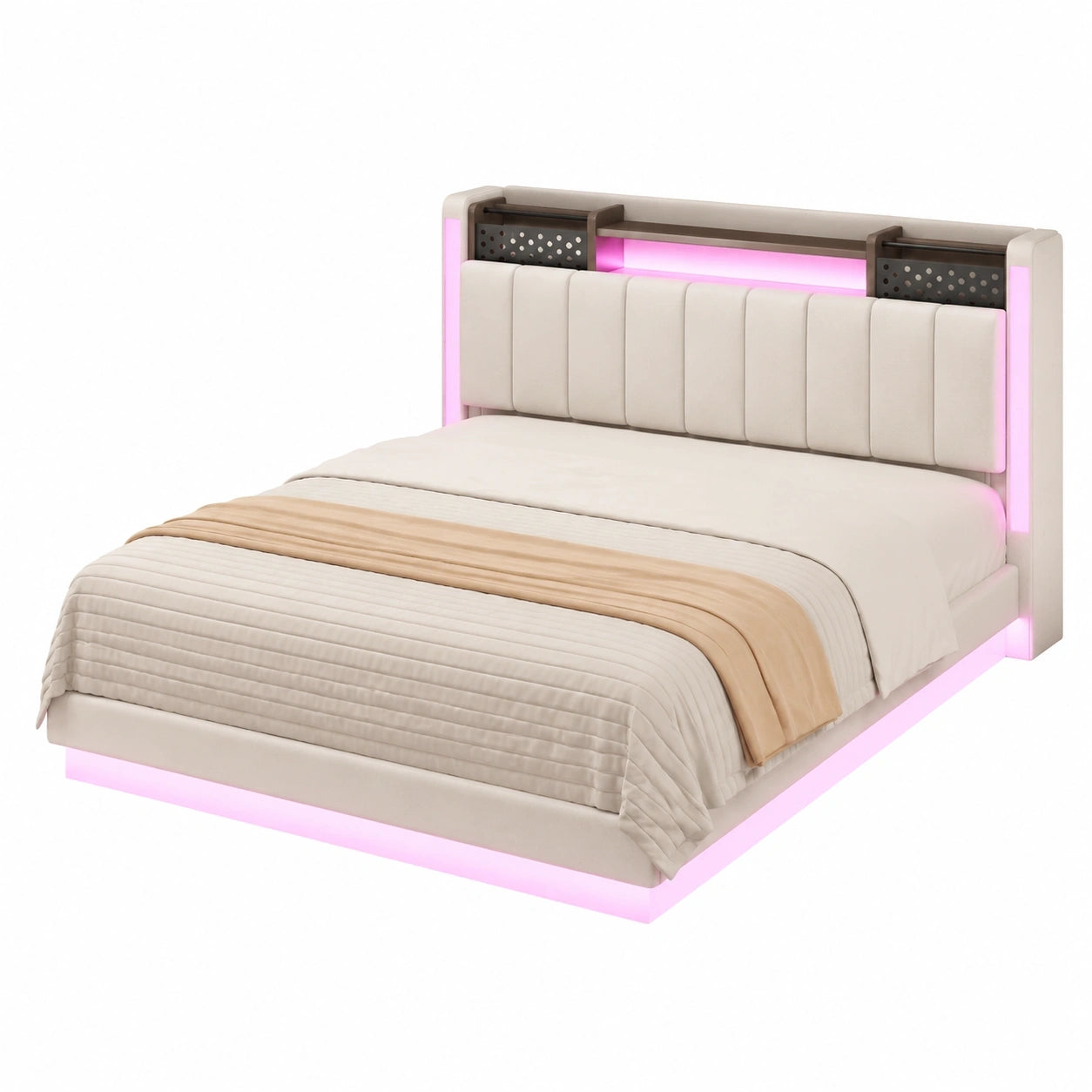 Polsterbett 140x200 cm mit LED, USB und Stauraum, Leinen, Beige