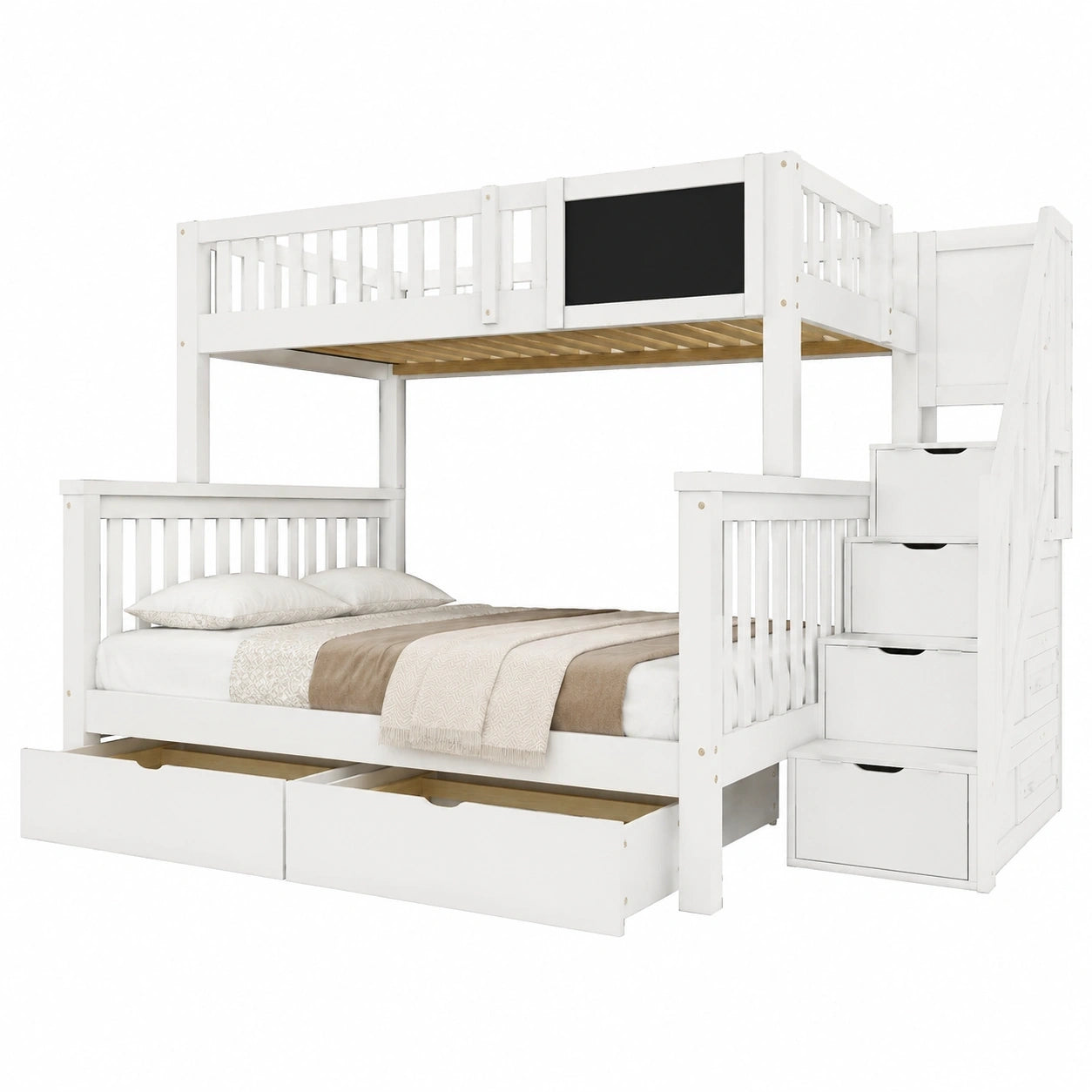 Kehun Etagenbett für Kinder 90x200 & 140x200 mit Treppe, Hochbett aus Holz mit Schubladen, Tafel und Rausfallschutz, für 3 Kinder, Weiß, ohne Matratze
