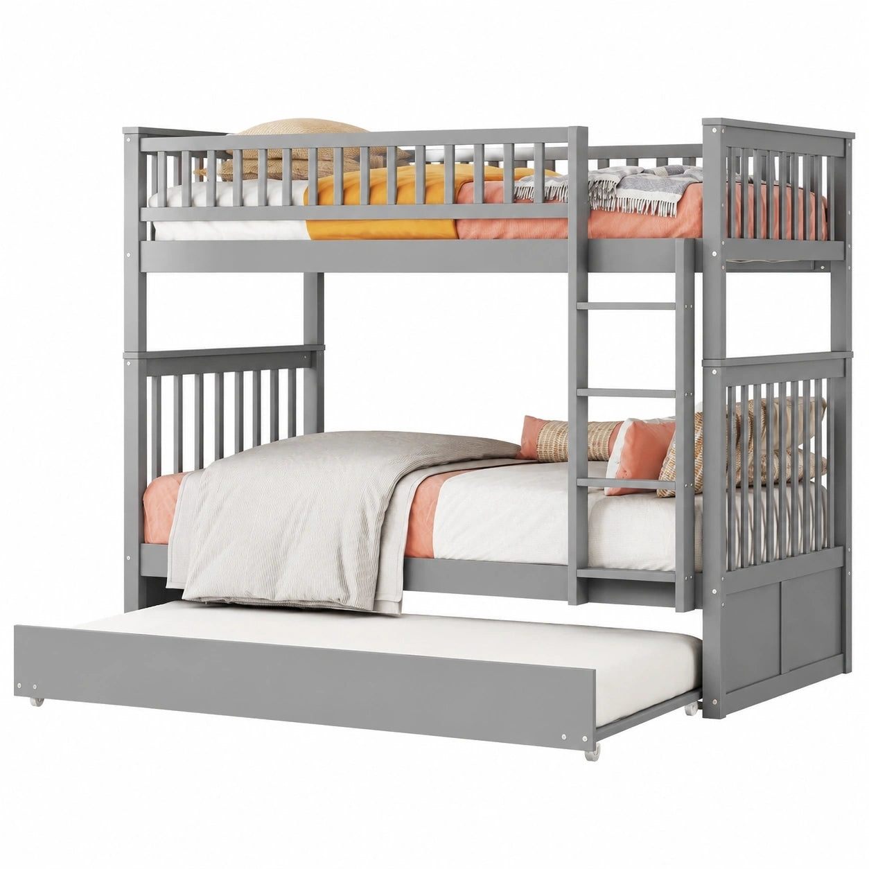 Kehun Etagenbett 90x200 cm mit Leiter, ausziehbarem Rollbett und Rausfallschutz, graues Holzbett ohne Matratze