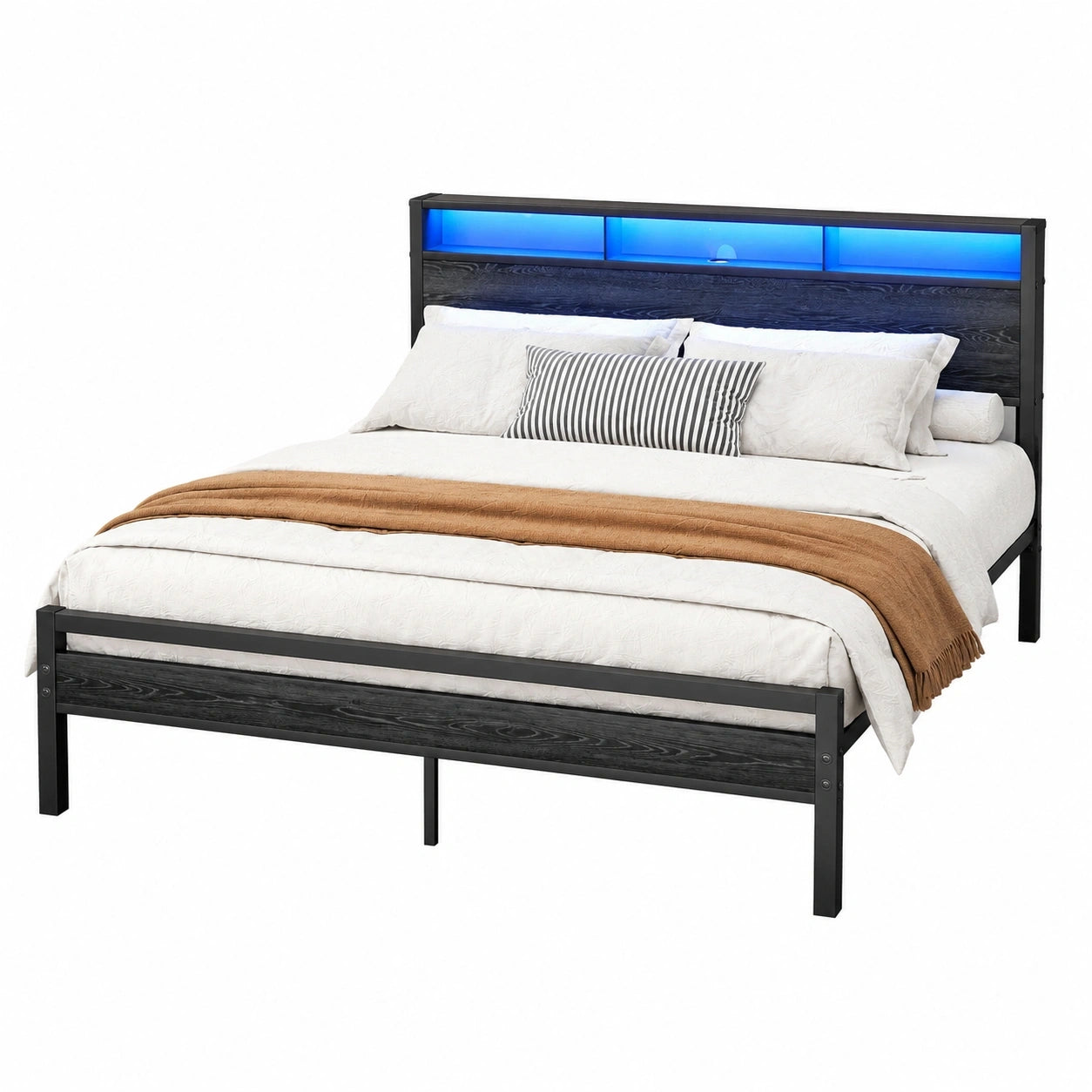 Modernes Stauraumbett 140x200 mit USB & LED, Metall-Holz-Gestell, Schwarz