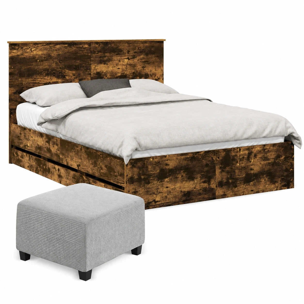 Holzbett 140x200 cm mit Stauraum, Eiche Look, 6 Schubladen, Modernes Design mit Kopfteil