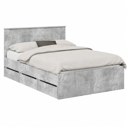 Modernes Doppelbett 140x190 cm mit Kopfteil, Beton Grau, Holzwerkstoff, 6 Schubladen