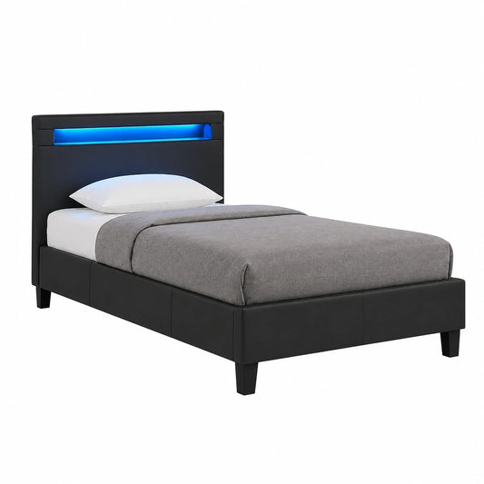 CARO-Möbel Einzelbett Mandalay mit LED, Kunstleder schwarz, 90x200 cm inklusive Lattenrost