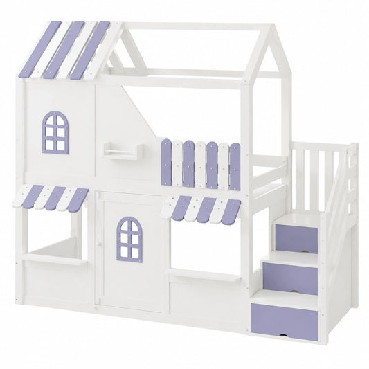 Merax Abenteuer-Hochbett 90x200 cm mit Dach und LED, Stauraum-Treppe, Spielhaus-Design, Weiß-Blau