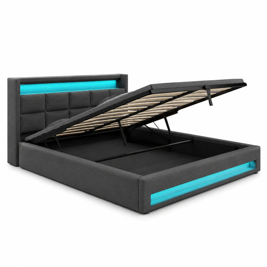 Polsterbett 180x200cm mit Stauraum und LED-Kopfteil, inkl. USB-Anschluss und Lattenrost, Modernes Funktionsbett aus Leinen in Grau