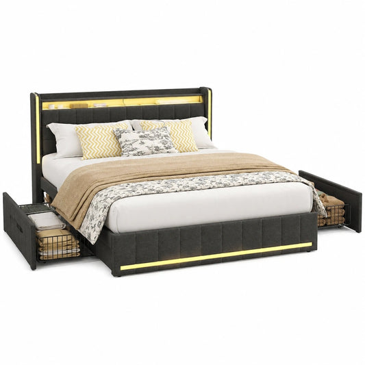 Modernes Polsterbett 140x200 cm mit LED-Beleuchtung und USB-Anschluss, Stauraum und 4 Schubladen, Grau, Ohne Matratze