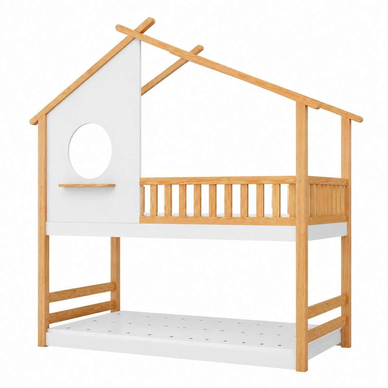 Kinder-Etagenbett aus Kiefernholz mit Schutzbarriere, Hausdesign, 200x90cm, Natur und Weiß