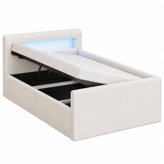 Jugendbett 90x200 cm mit LED-Licht, USB & Stauraum, Samtstoff, Beige