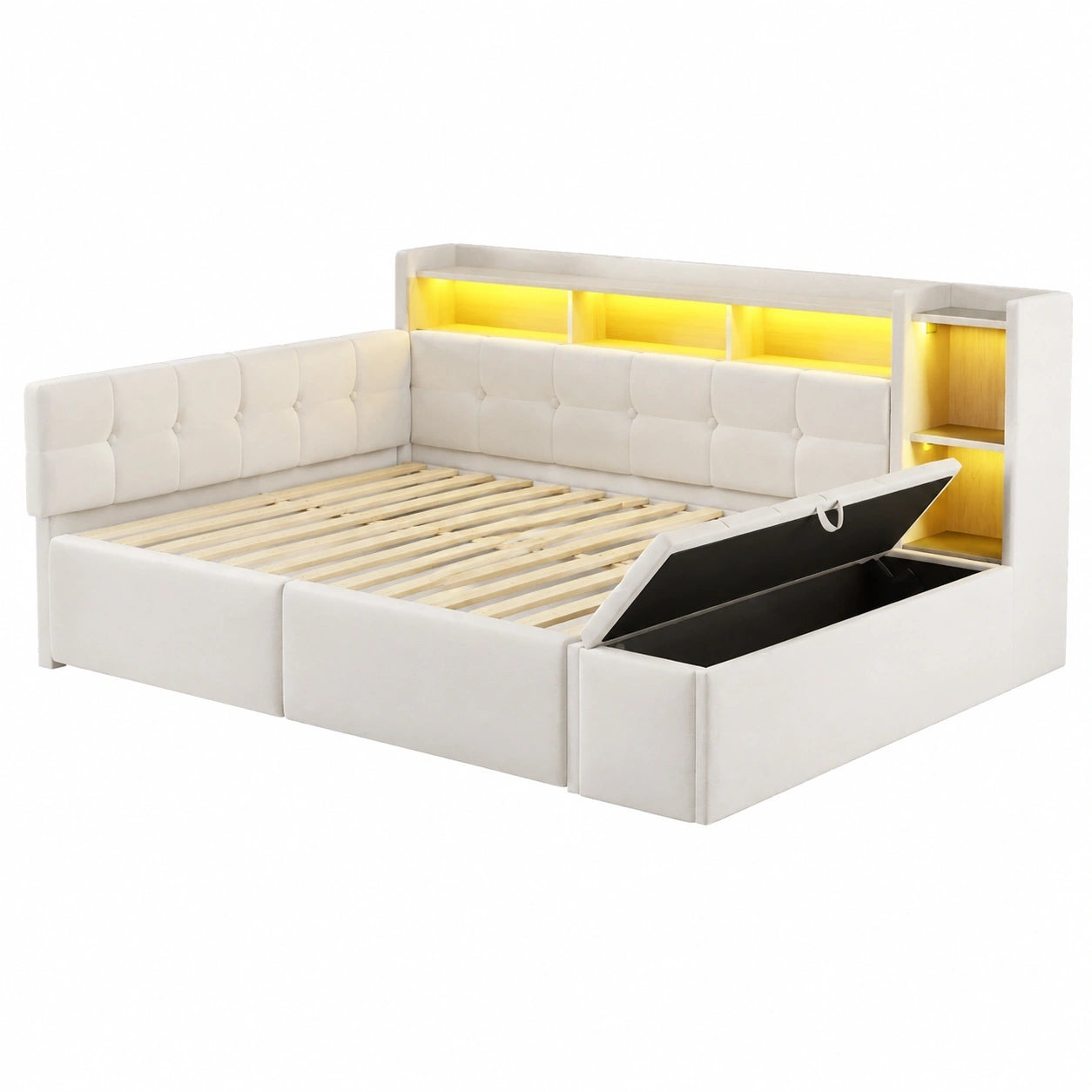 Multifunktionales Schlafsofa, 140x190 cm, mit Schubladen, USB- und Typ-C-Anschlüssen, LED-Beleuchtung, Samt, Weiß