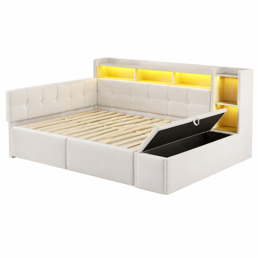 Multifunktionales Schlafsofa, 140x190 cm, mit Schubladen, USB- und Typ-C-Anschlüssen, LED-Beleuchtung, Samt, Weiß