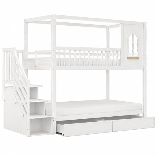 Massivholz Etagenbett für Kinder, Hausdesign mit Fenstern, Sicherheitszaun und Leiter, inkl. Schubladen, Weiß 90x200cm