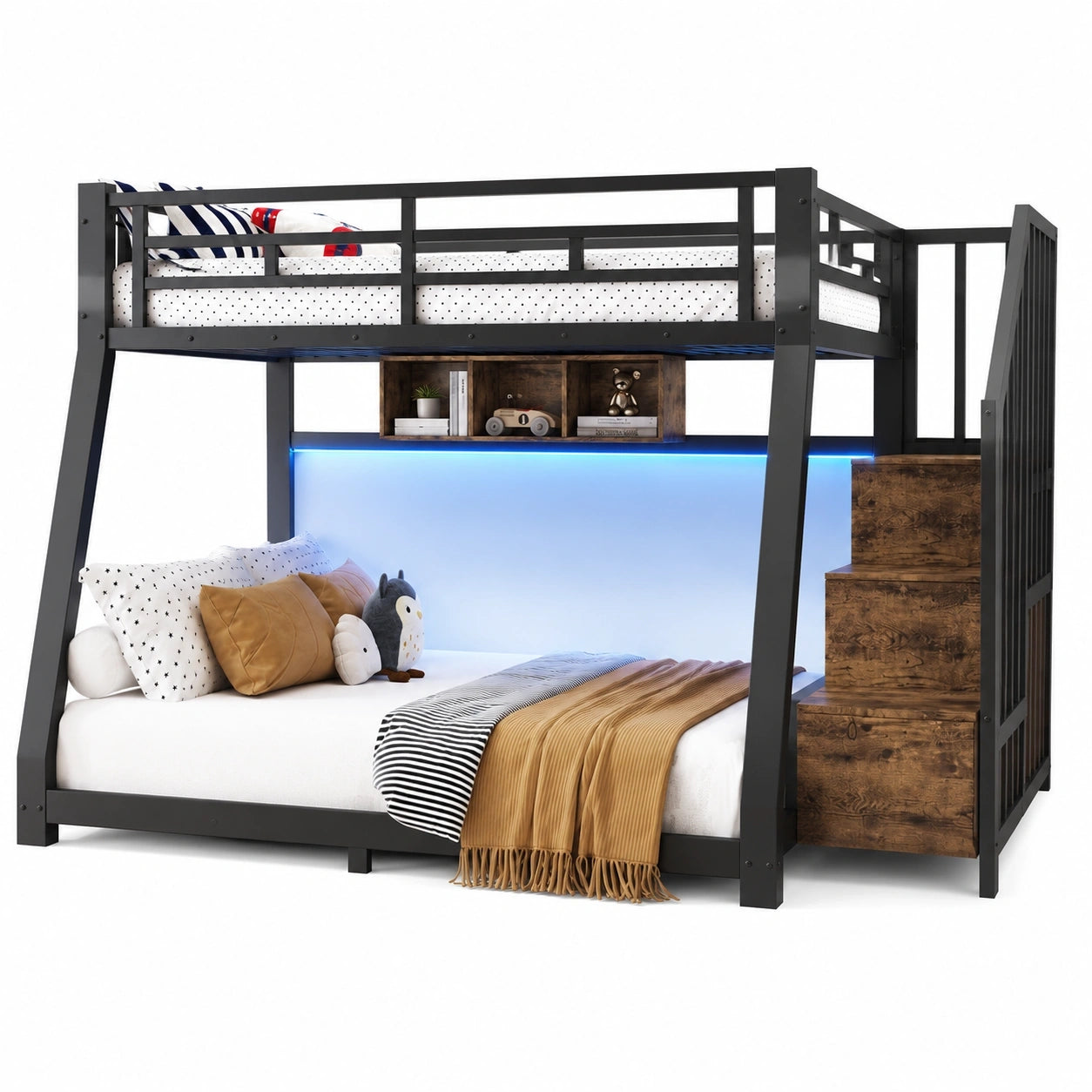 Modernes Etagenbett mit LED-Leisten, Stauraumtreppe und Sicherheitsgeländer, 90x200cm + 140x200cm, Metall, Schwarz