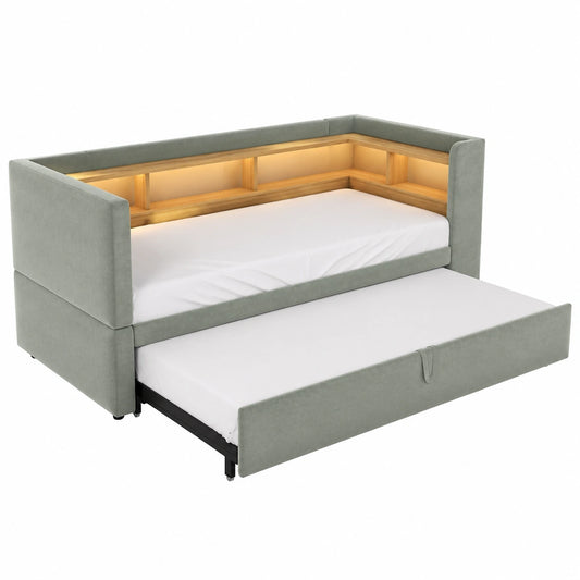 Multifunktionales Polsterbett 90/180x190 cm mit Ausziehbett, LED, Steckdosen und Stauraum, hellgrau