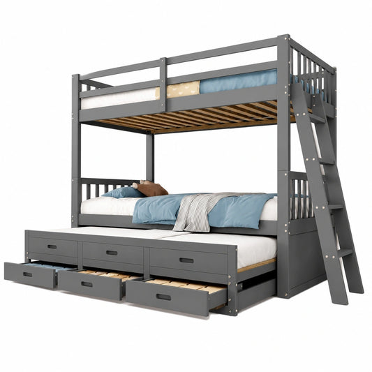 Praktisches Kinder-Etagenbett 90x200 cm mit Stauraum und Sicherheitsgeländer, inkl. Leiter und Ausziehbett, Jugendbett mit 3 Schubladen, graues Holzbettgestell, ohne Matratze