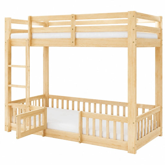 Kinder Etagenbett aus Kiefernholz mit Treppe, Sicherheitsgeländer und Stauram, 90x200 cm, Natur