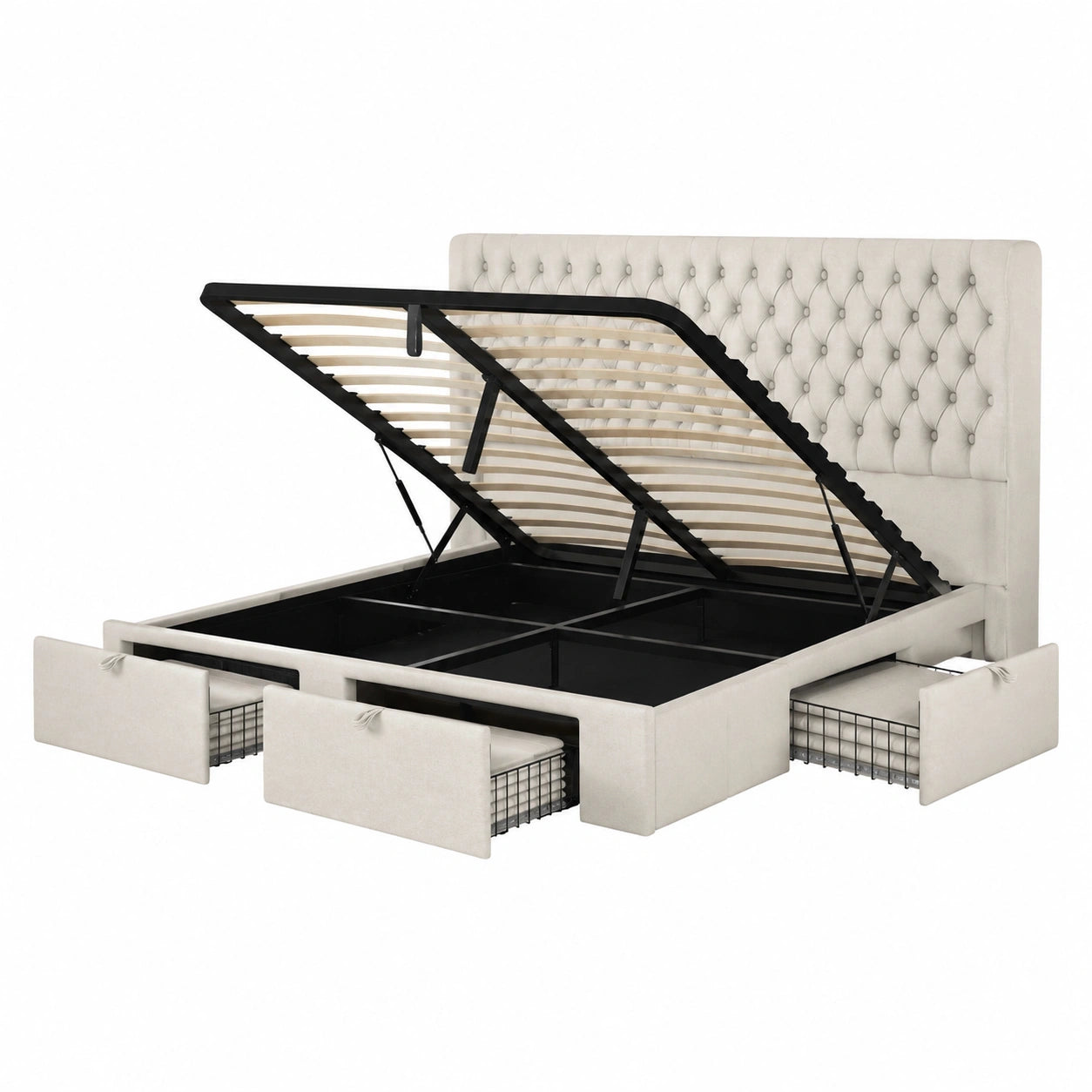 Modernes Polsterbett 180x200 cm mit LED-Kopfteil und USB, inklusive Nachtschränke und Schubladen, Samt Beige