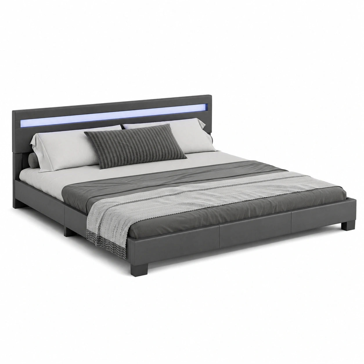 Modernes Doppelbett 180x200 cm mit LED, Kunstleder & Lattenrost - Schwarz