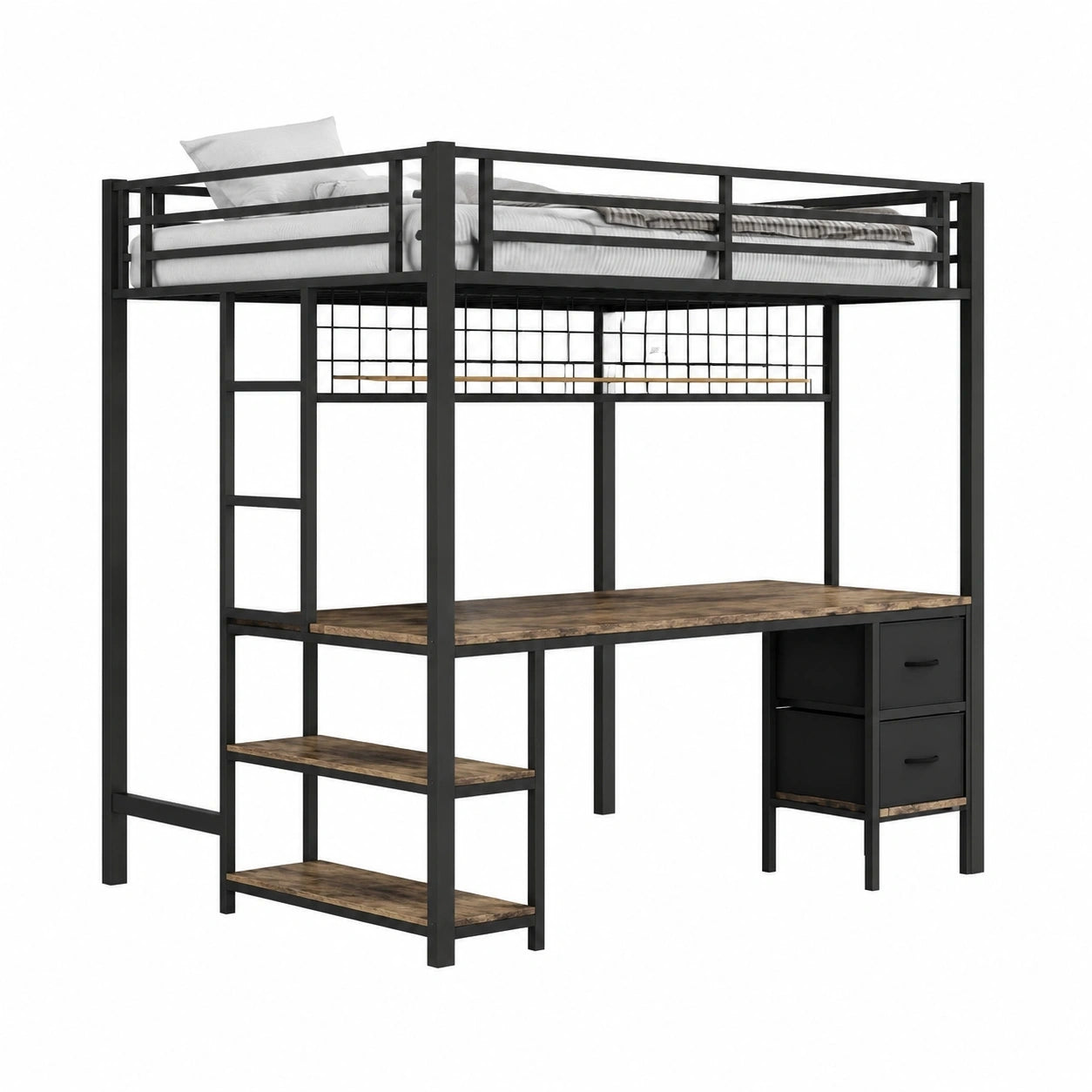 Metall-Hochbett mit Schreibtisch und LED, USB, Schubladen, Schwarz, 90x200/140x200 cm