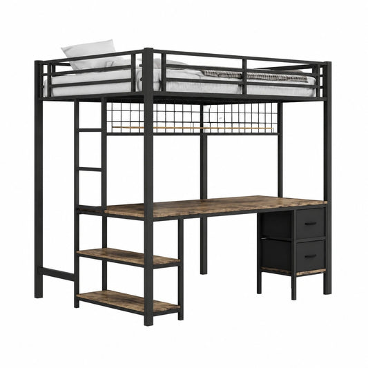 Metall-Hochbett mit Schreibtisch und LED, USB, Schubladen, Schwarz, 90x200/140x200 cm