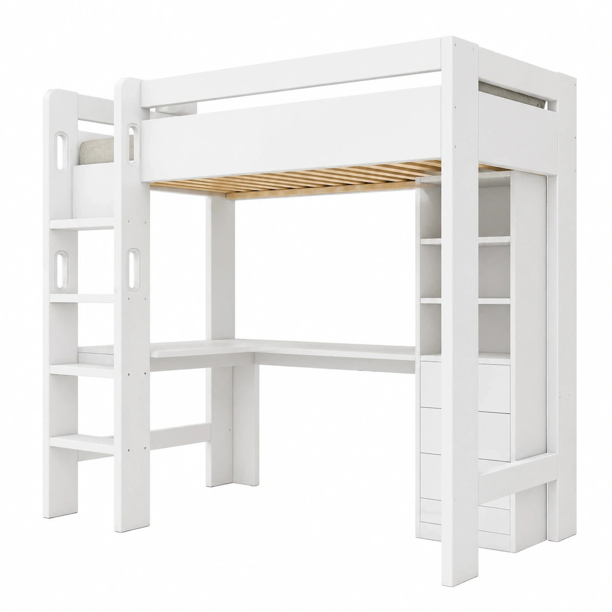 Multifunktionales Kinder-Hochbett 90x200 cm mit integriertem Schreibtisch und Stauraum, USB/Type-C, Weiß