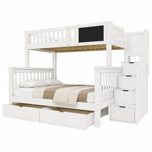 Kehun Etagenbett für Kinder 90x200 & 140x200 mit Treppe, Hochbett aus Holz mit Schubladen, Tafel und Rausfallschutz, für 3 Kinder, Weiß, ohne Matratze