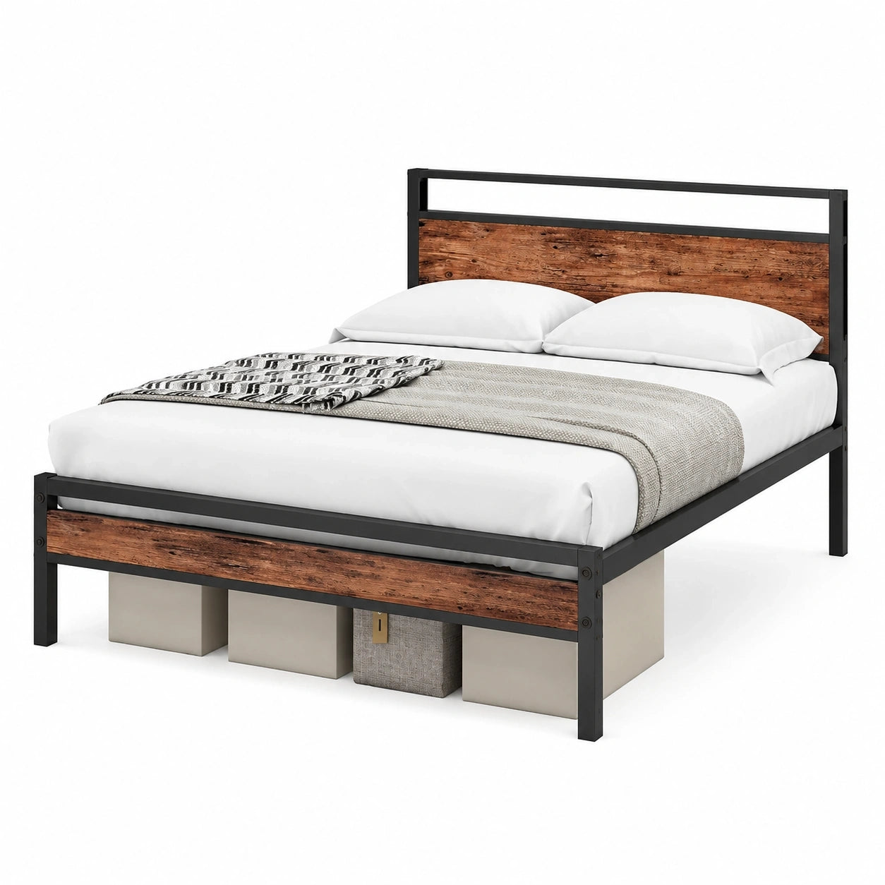 Metallbettgestell mit Stauraum und Kopfteil 90x200 cm, inklusive Lattenrost, Jugendbett, Schwarz