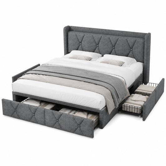Doppelbett 140x200 cm mit USB-Kopfteil und Stauraumschubladen, Leinenbettgestell Grau, Inklusive Lattenrost