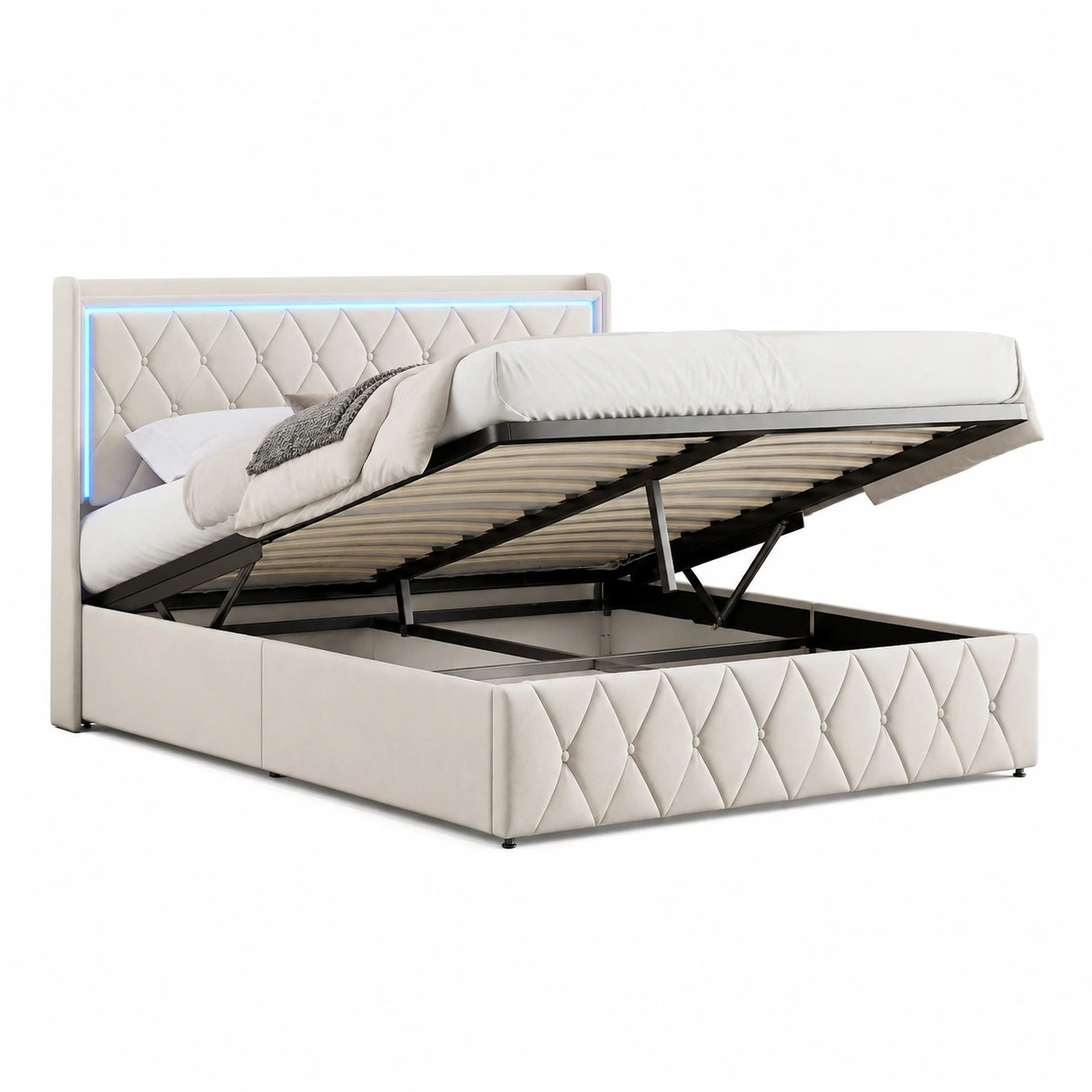 Samt-Polsterbett 140x200 mit LED und USB, Stauraumbett Beige mit Kopfteil