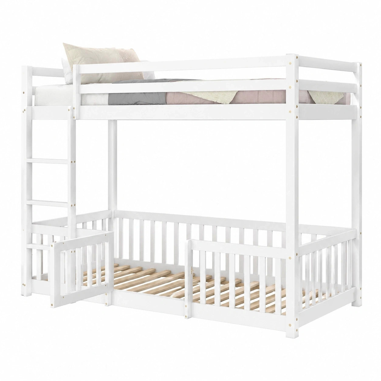 Robustes Etagenbett 90x200 cm mit Treppe und Fallschutz, Massivholzkonstruktion in Weiß