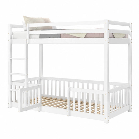 Robustes Etagenbett 90x200 cm mit Treppe und Fallschutz, Massivholzkonstruktion in Weiß