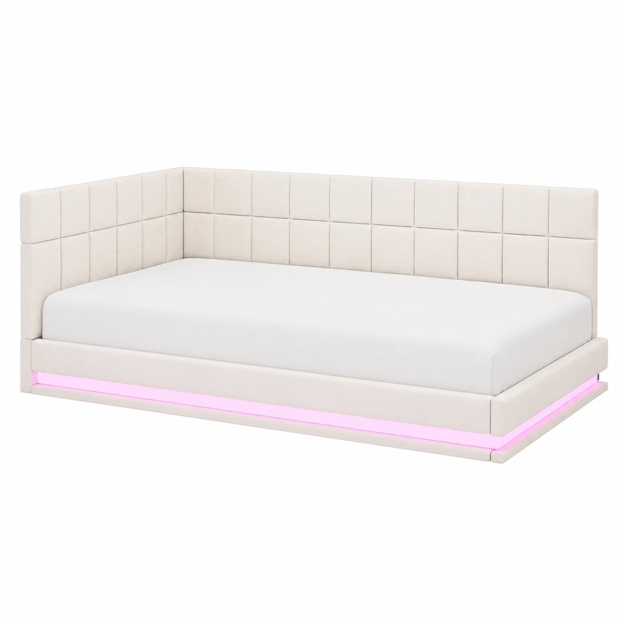 Multifunktionales Polsterbett 140x200 mit LED-Licht und USB-Anschluss, samtweicher Stoff in Beige