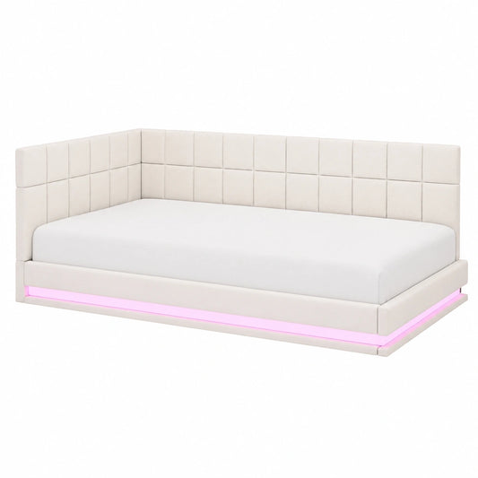 Multifunktionales Polsterbett 140x200 mit LED-Licht und USB-Anschluss, samtweicher Stoff in Beige