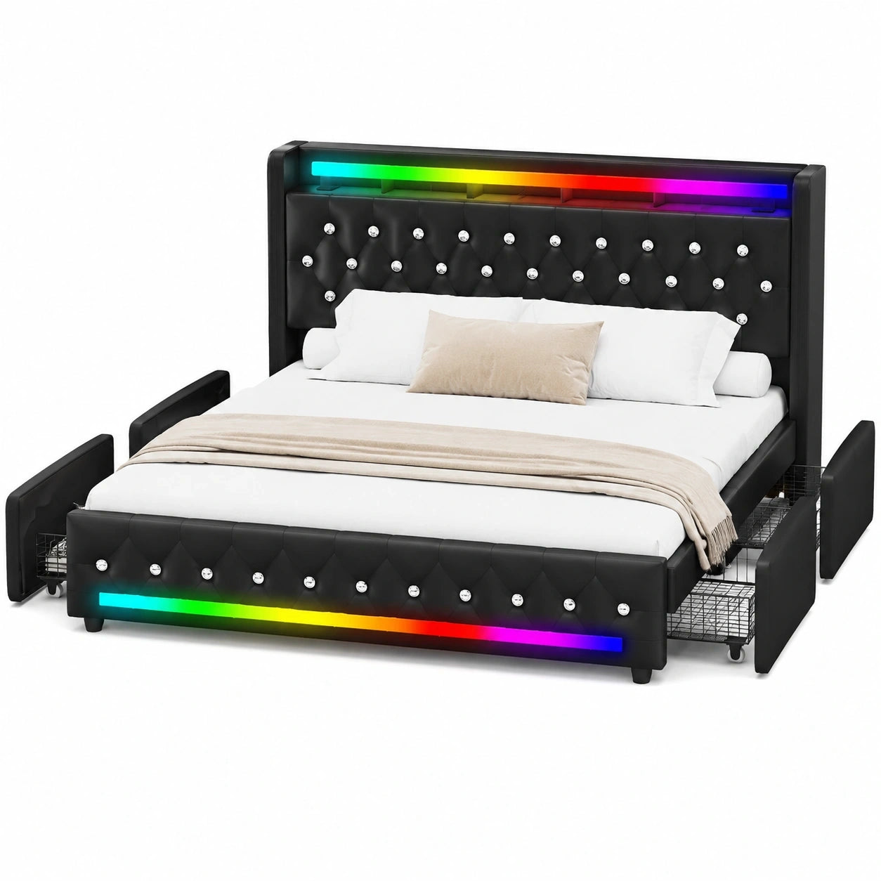 Modernes Polsterbett 140x200 cm mit LED & Bluetooth, Samtbezug, 4 Schubladen, USB-Typ-C-Ladeanschlüsse