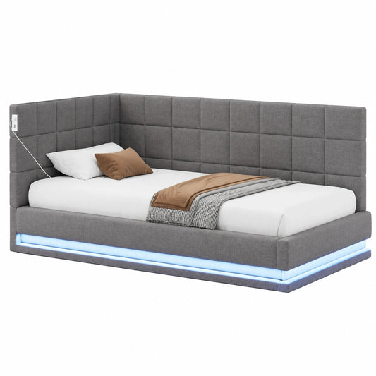 Multifunktions-Polsterbett 90x200 mit LED und USB, Grau