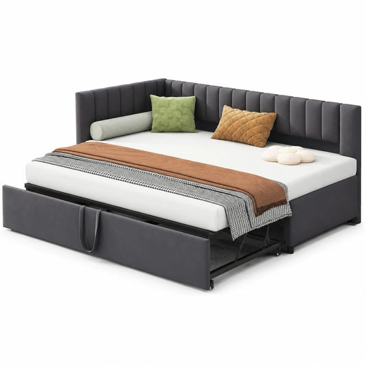 Multifunktionales Polsterbett Schlafsofa 90/180 x 200 cm mit Lattenrost, Samtstoff Dunkelgrau, ideal für Kinder- und Gästebett