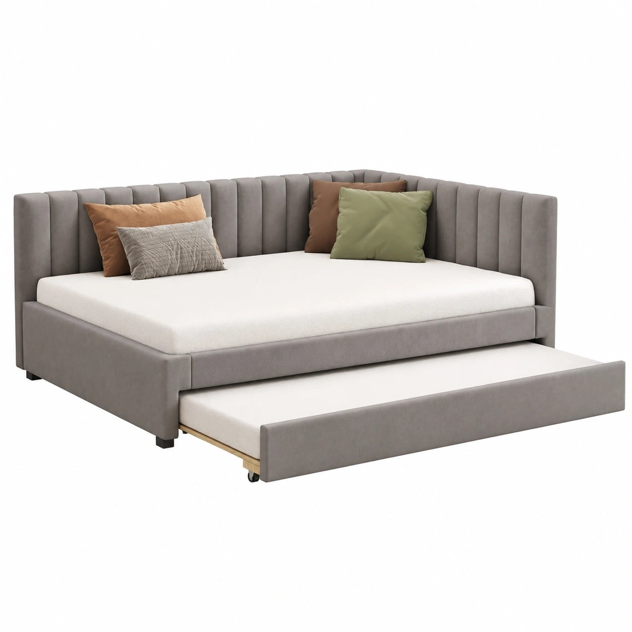 Multifunktionales Polsterbett 140x200 cm mit Ausziehsofa, Lattenrost, für Jugend- und Gästezimmer, Schlafcouch in Beige-Grau