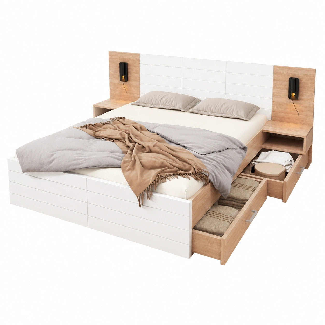 Modernes Doppelbett 180x200 mit LED-Beleuchtung und USB, Weiß & Eiche