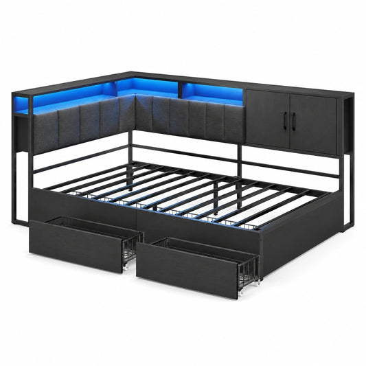 Modernes Polsterbett 90x200 mit LED, Stauraum und USB-Anschluss, Schlafsofa für Jugendzimmer, Schwarz