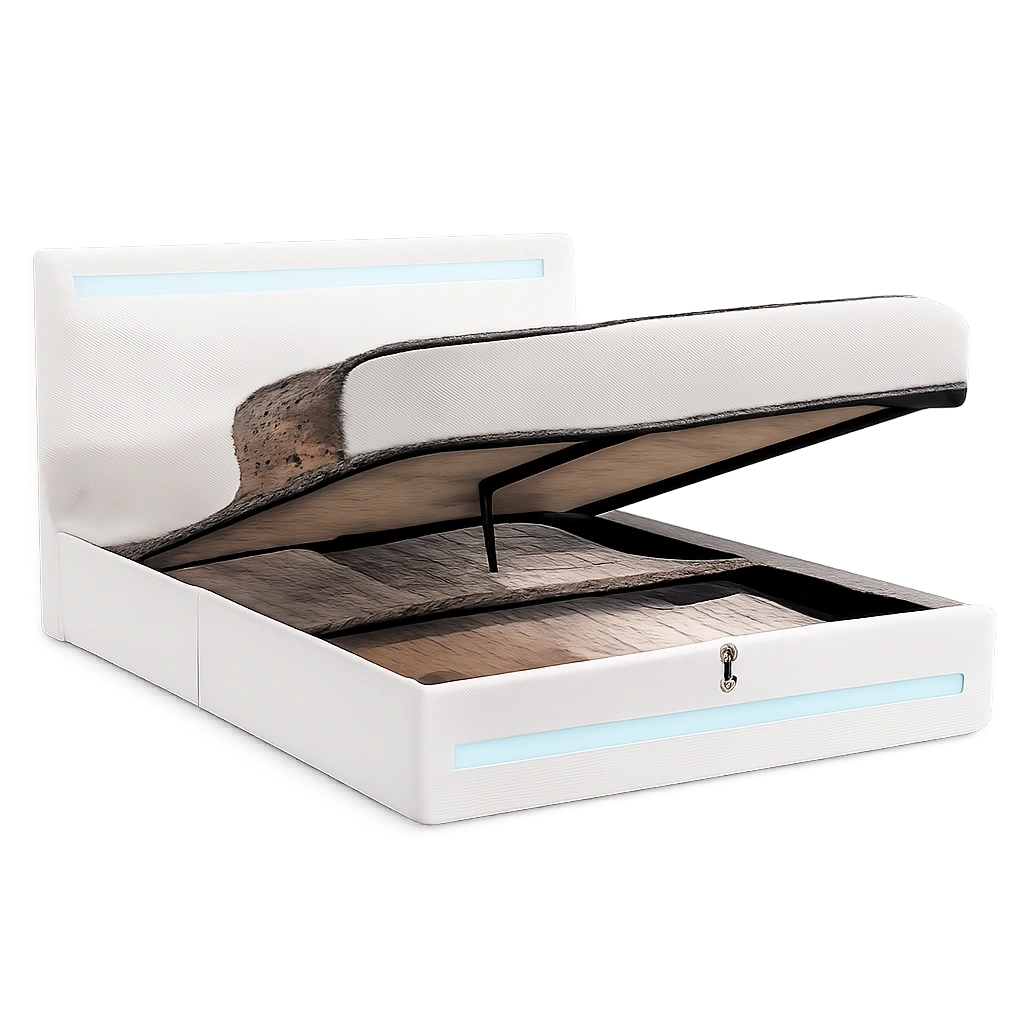 AOGLLATI Polster-Doppelbett 140x190 cm mit LED, USB und Stauraum - Bouclé Beige (ohne Matratze)