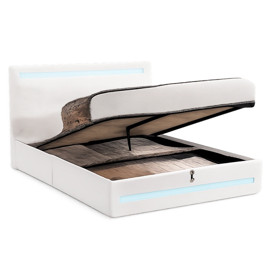 AOGLLATI Polster-Doppelbett 140x190 cm mit LED, USB und Stauraum - Bouclé Beige (ohne Matratze)
