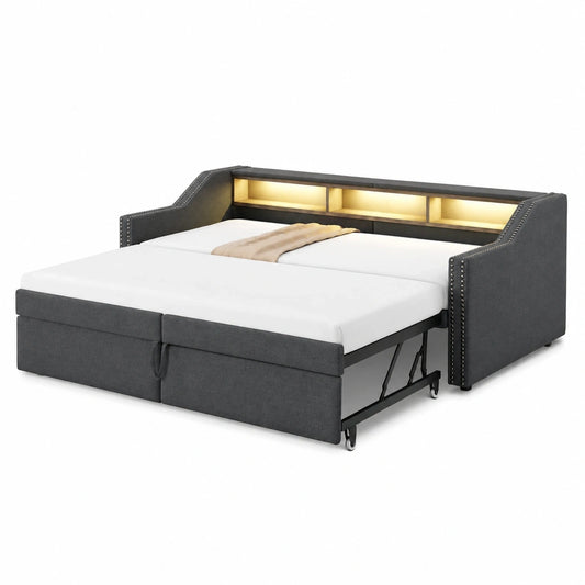 Verstellbares Polsterbett 90/180x200 mit LED, Stauraum und Ladestation, Dunkelgrau