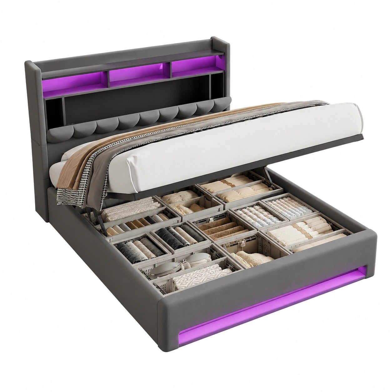 Modernes Polsterbett 160x200 cm mit LED-Licht und Stauraum, USB-Anschlüsse, Kopfteil mit Taschen, Graues Doppelbett