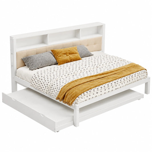 Multifunktions-LED-Bett 140x200 cm mit Ausziehbett und USB-Anschluss, Schlafsofa mit gepolstertem Kopfteil, Holzbettgestell Weiß, ohne Matratze