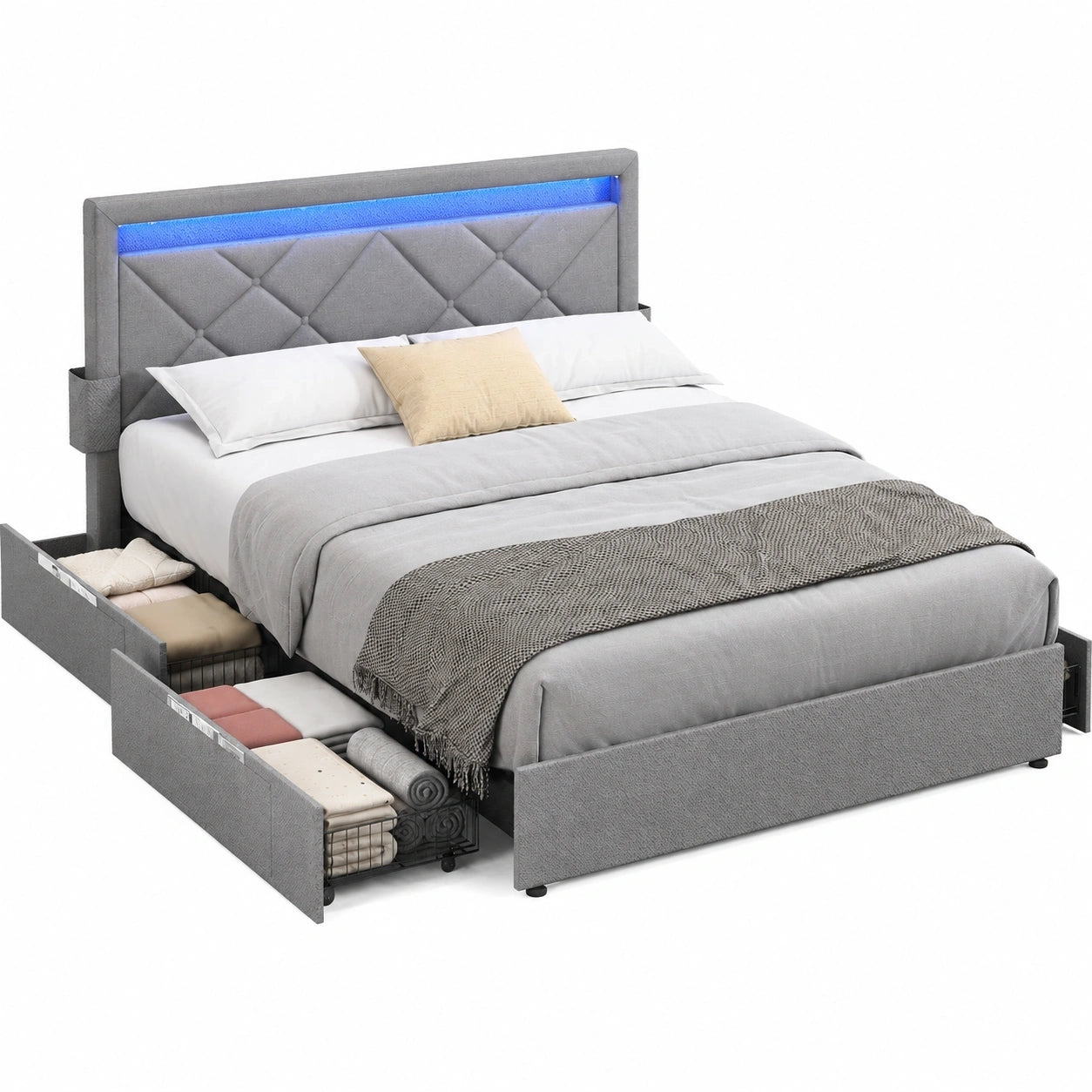 VASAGLE Polsterbett mit LED 140x200 cm, Doppelbett mit Metallrahmen, 4 Schubladen, Ladestation, verstellbares Kopfteil, Hellgrau-Schwarz