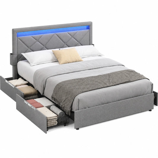 VASAGLE Polsterbett mit LED 140x200 cm, Doppelbett mit Metallrahmen, 4 Schubladen, Ladestation, verstellbares Kopfteil, Hellgrau-Schwarz