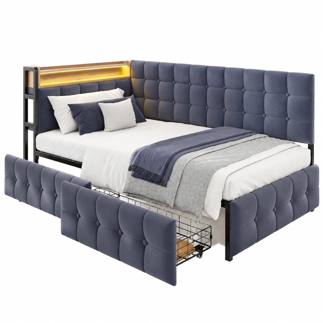 Multifunktionales Bettsofa 90x200 mit LED und USB-C, Samtstoff in Dunkelgrau, inkl. 2 Schubladen, Robuster Metallrahmen